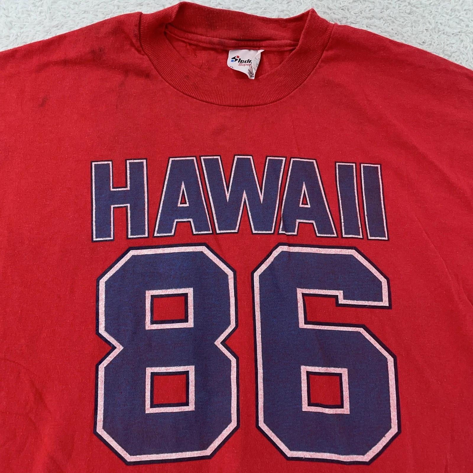 

Vintage Hawaii Shirt M/L Red 1986 Graphic T-Shirt Tee Tourist Surf Beach USA 80s 3XL