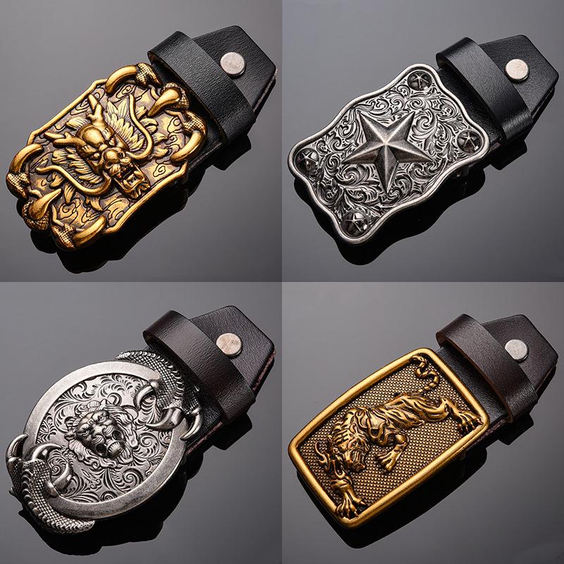 Tiger Head Alloy Western Cowboy Leather Belt with Smooth Buckle