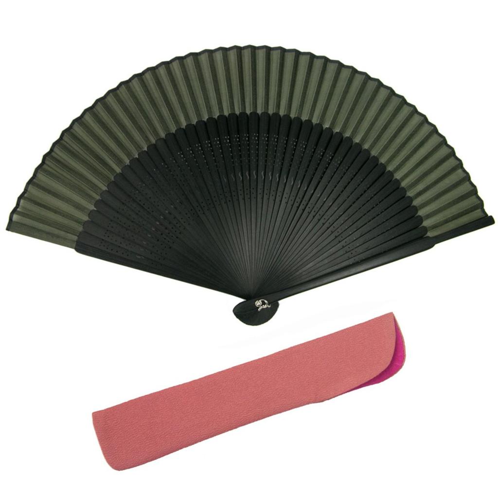 KYOETSU Set of Pure Silk Fans with Black Ribs and Fan Ribs Women's 2-Piece (Fan Bag) (Black 4)