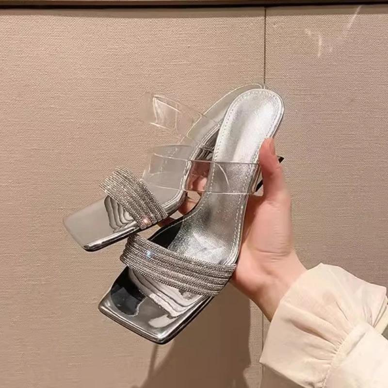 Fashion Crystal Mid Heels Women Slippers Designer Pvc Heeled Slides Woman Shoes 2025 Summer Sandals Pumps Sexy Shallow Chaussures Femme