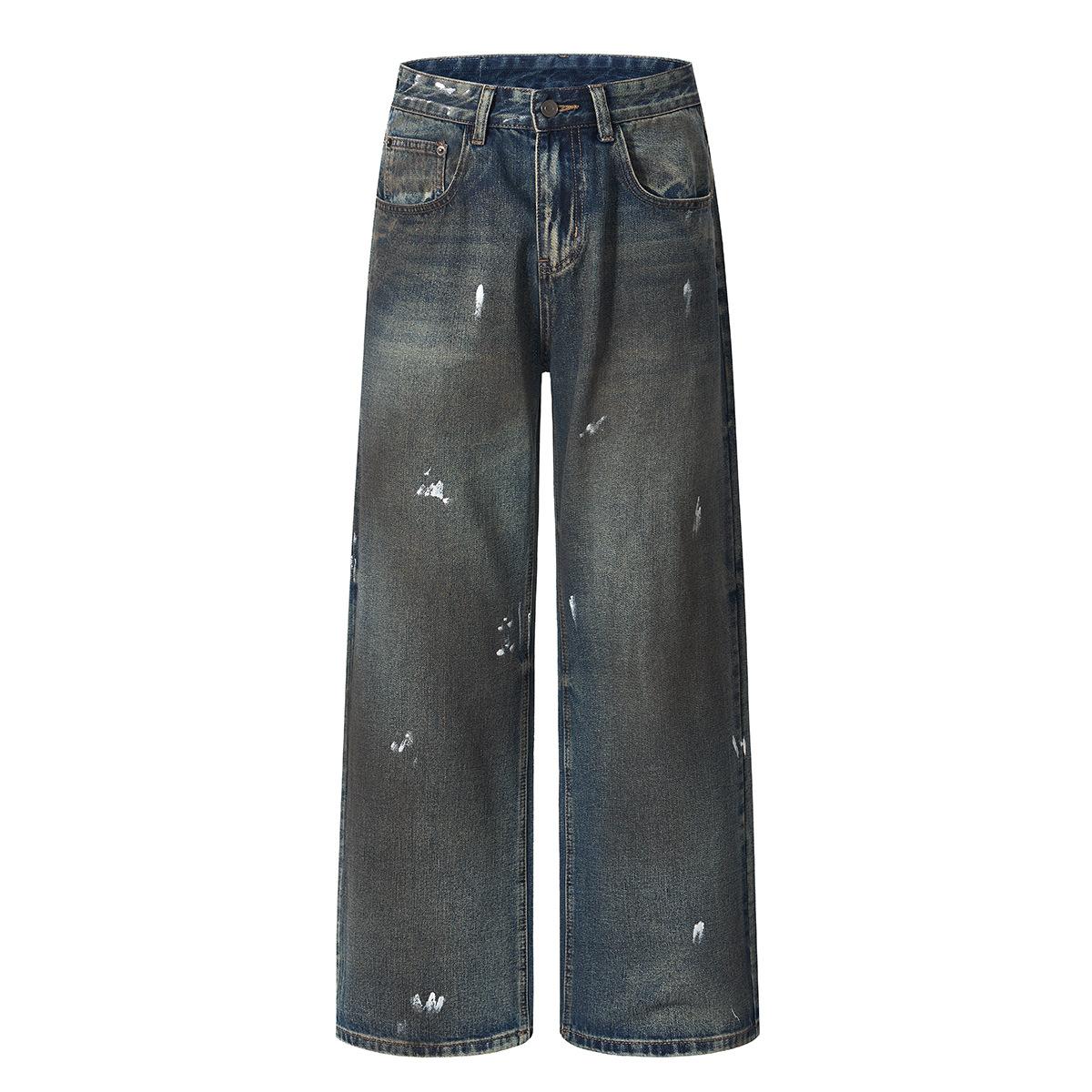 Trendy brand American retro dirty dyed ink washed jeans straight personalized cleanfit trousers S