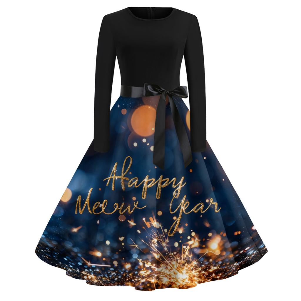 Women's Casual Fashion Round Neck Long Sleeve New Year Printed Retro Dress
