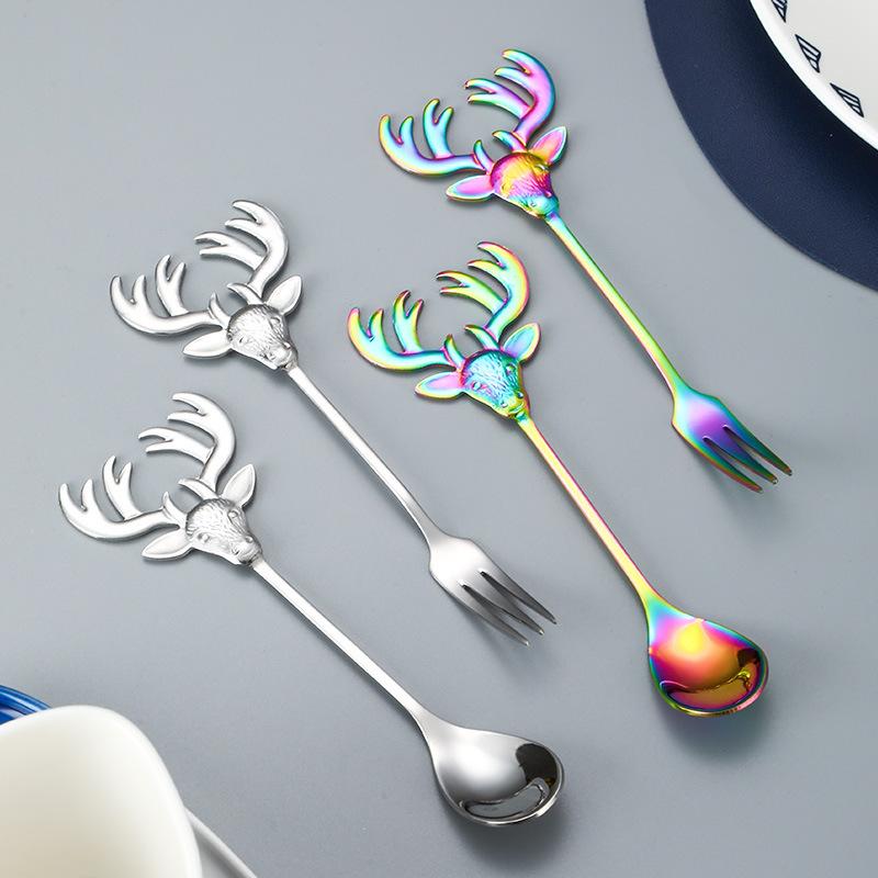 Europeisk 304 rostfritt stål hjorthuvud sked gaffel dessertsked internetkändis sked kreativ sked kaffesked