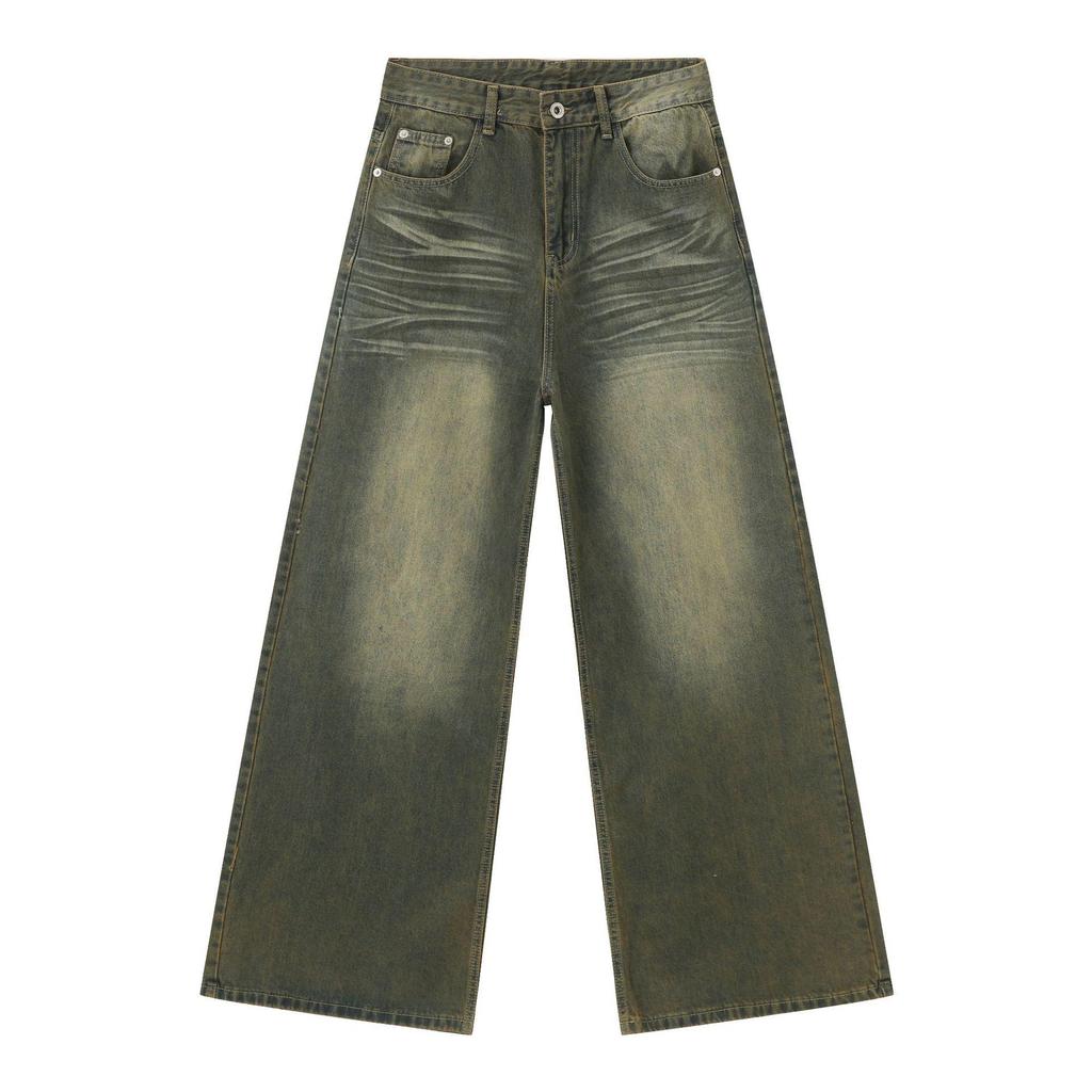 Long Trousers Vintage Green Washed Jeans Men's Sagging Loose Straight Wide-leg Pants Straight Loose Jeans for Men Fashionable and Comfortable Pants