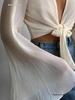 Elegant European Style Pleated Cardigan with Long Bell Sleeves and Lace-Up Chiffon Design