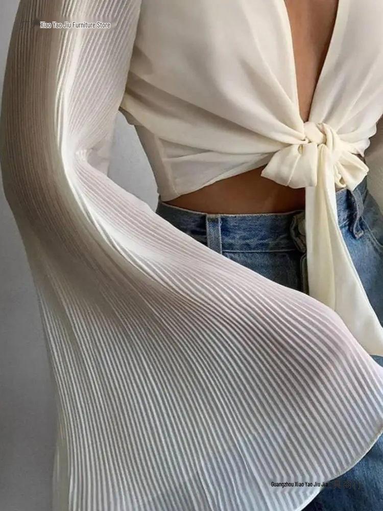 Elegant European Style Pleated Cardigan with Long Bell Sleeves and Lace-Up Chiffon Design