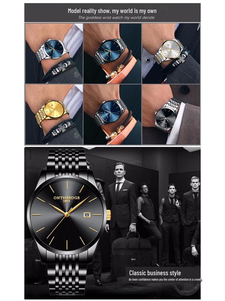 Men's Hong Kong-Style Ultra-Thin Quartz Wristwatch with Steel Band and Calendar