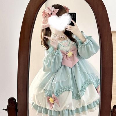 Komplettes Lolita-Set mit Marineblauem Kragen, OP-Langarm-Knospenkleid, Langärmliges Kleid für Damen