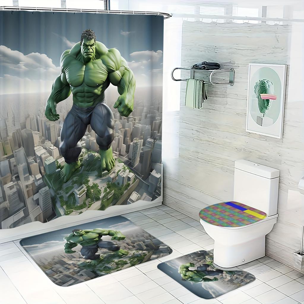 Hulk Power Bathroom Set 4PCS! Angry Green Face Full Print Waterproof Shower Curtain with Mat, Marvel Avengers Decor Gifts