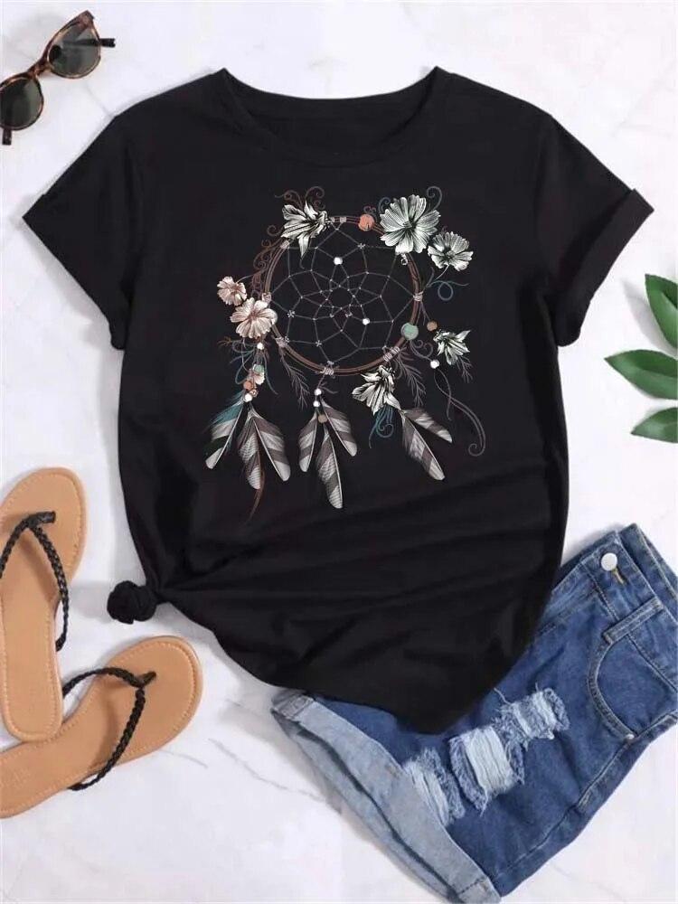 Women's Pattern Short Sleeve T-Shirt Women's Summer Clothing Feather 90S Fashion Women's University T-Shirt