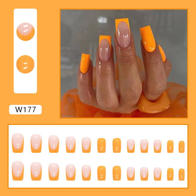 

Средние и длинные квадратные пластины для дизайна ногтей являются чистыми для ношения ногтей, простые оранжевые и желтые накладные ногти могут быть