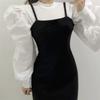 Round Neck Threaded Splicing Design with A Sense of Closure, Bubble Sleeves, Slim Fit Shirt Top for Women