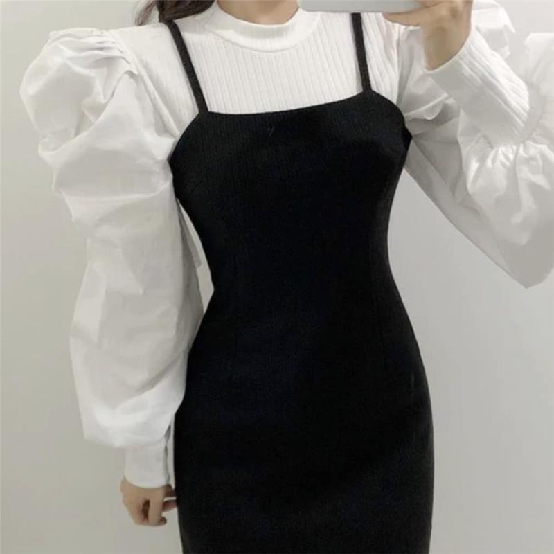 Round Neck Threaded Splicing Design with A Sense of Closure, Bubble Sleeves, Slim Fit Shirt Top for Women