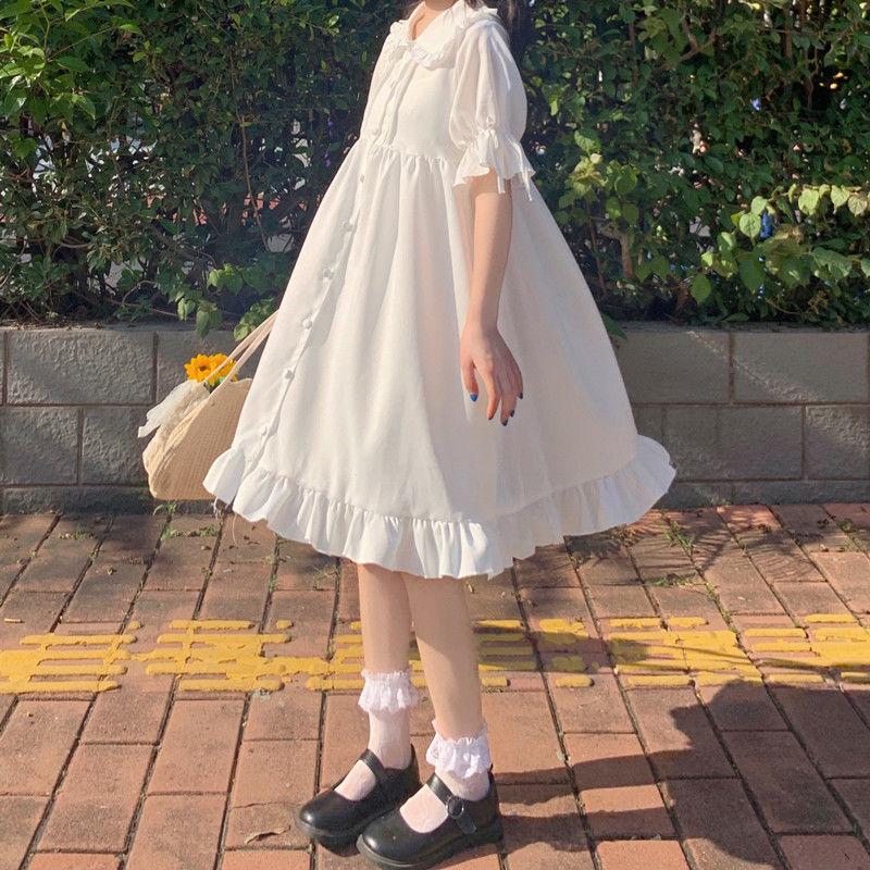 Japanese Lolita Style Summer Women White Dress Peter Pan Collar High Waist Loose Dress Flare Sleeve Party Cute Kawaii Dress