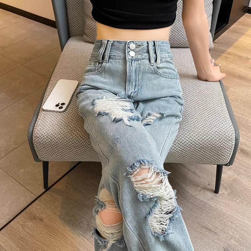 Women's Light Color High Waist Wide Leg Ripped Jeans, Plus Size, Loose Fit, Floor-Length, Summer Style.