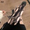 Y2K Damen Goth Punk Sexy Messer Schnittschäden Netz Leggings Strumpfhosen Strümpfe Ausgehöhlte Muster Strumpfhosen Netzsocken