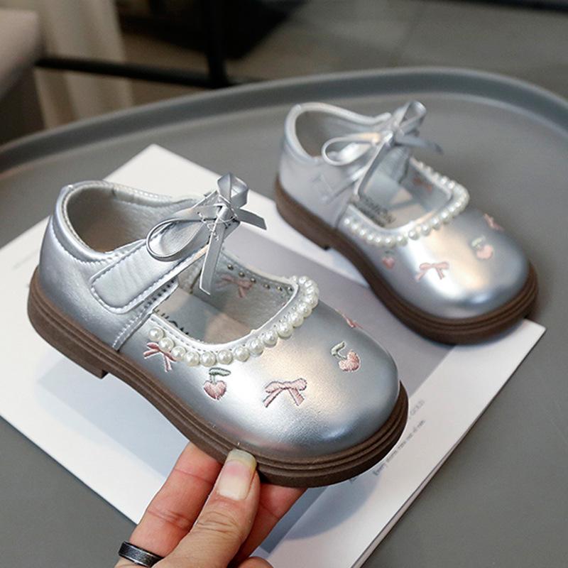 Cherry Leather Bowknot Princess Shoes for Girls - Soft Sole Pearl Trim Flats