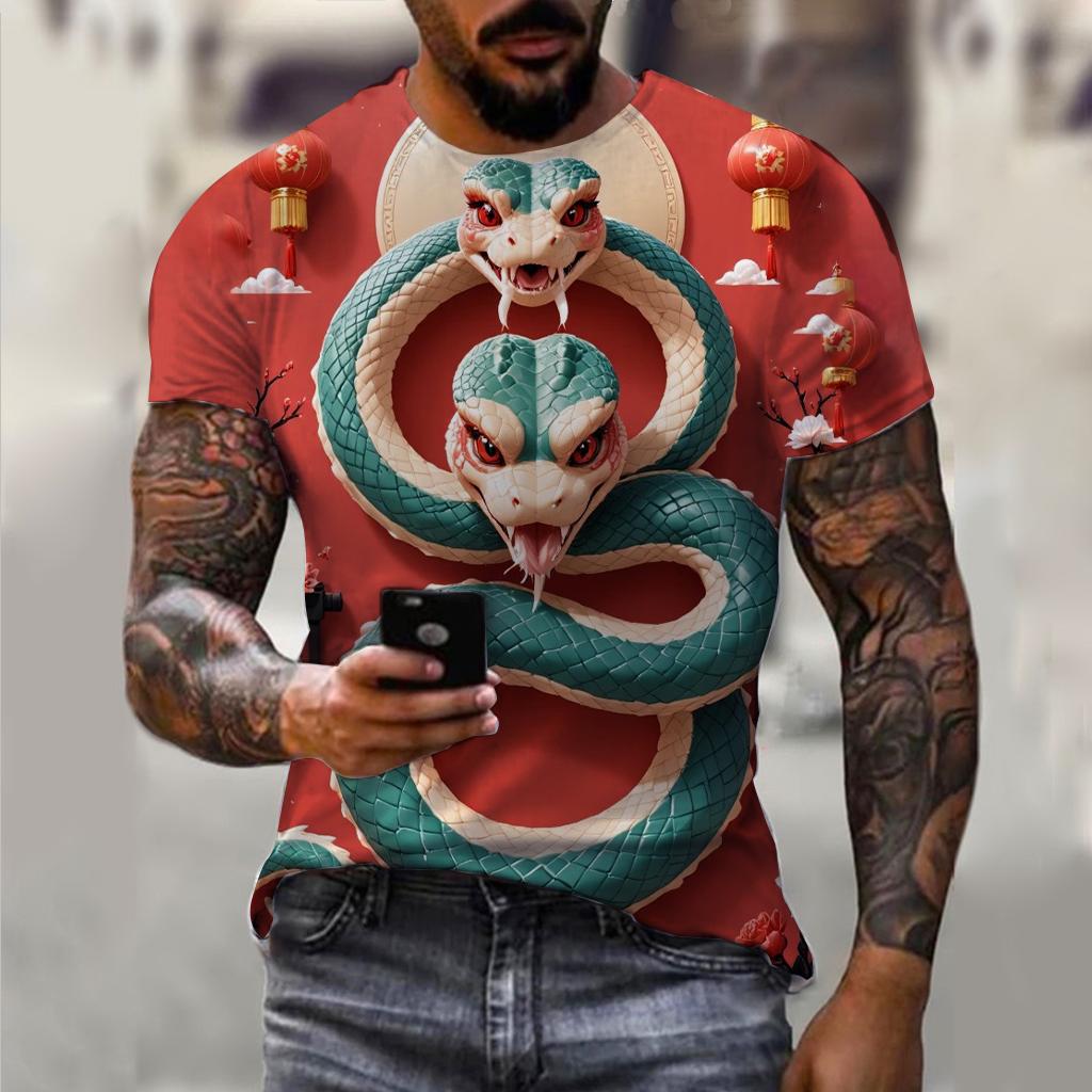 T-shirt décontracté à manches courtes pour homme imprimé 3D Année du Serpent du Nouvel An 2025 Confortable Respirant Imprimé Rétro