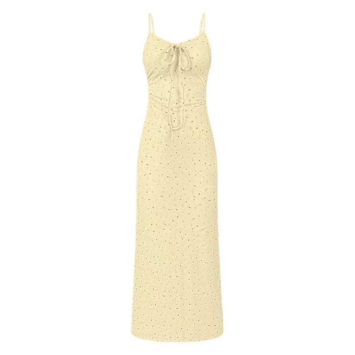 Elegant Yellow Strappy Dress & Cardigan Set - Women’s Slimming, Padded Waist-Cinched French Style