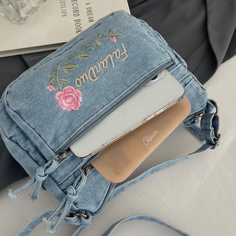 Jeansowa Haftowana Torba na Ramię Damska Torebka Miejska Torba Crossbody