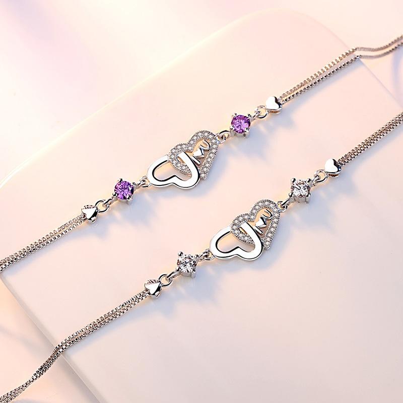 925 Sterling Silver Fashion White and Purple AAA Zircon Heart Bracelet Gift Jewelry