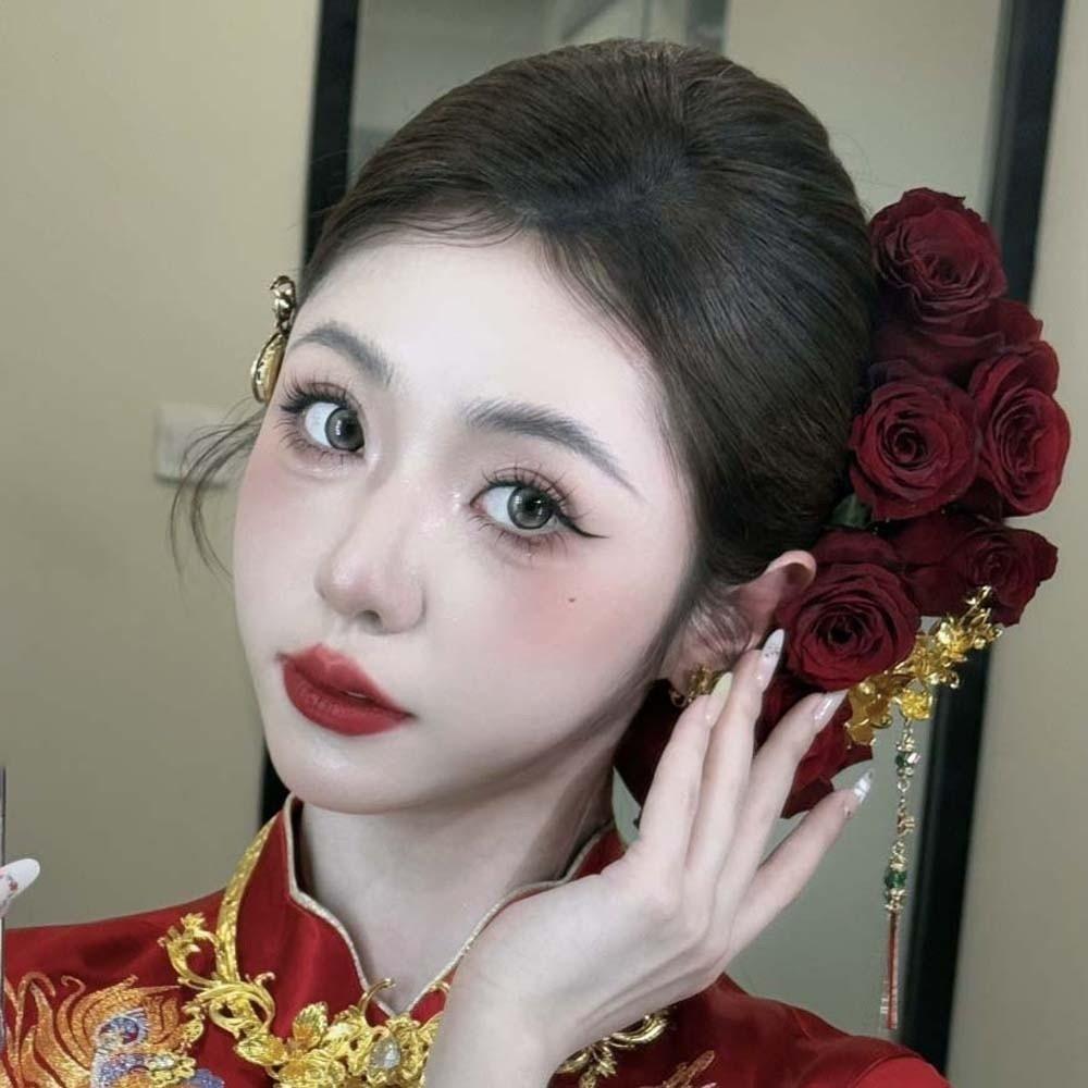 Sweet Rose Hair Forks Chinese Style Bride Flower Side Clips Golden Phoenix Hairpin  Women