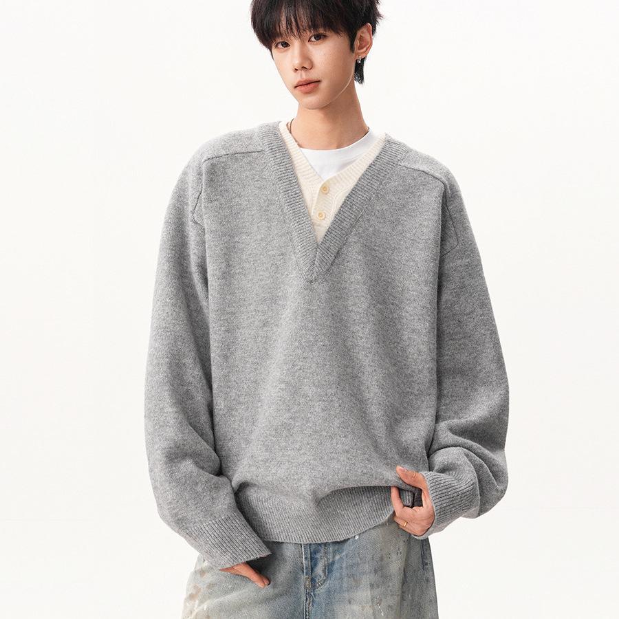 Men's Retro V-Neck Knit Sweater - Two-Piece Look, Lazy Style Pullover for Autumn/Winter, Loose Long Sleeve Polo.