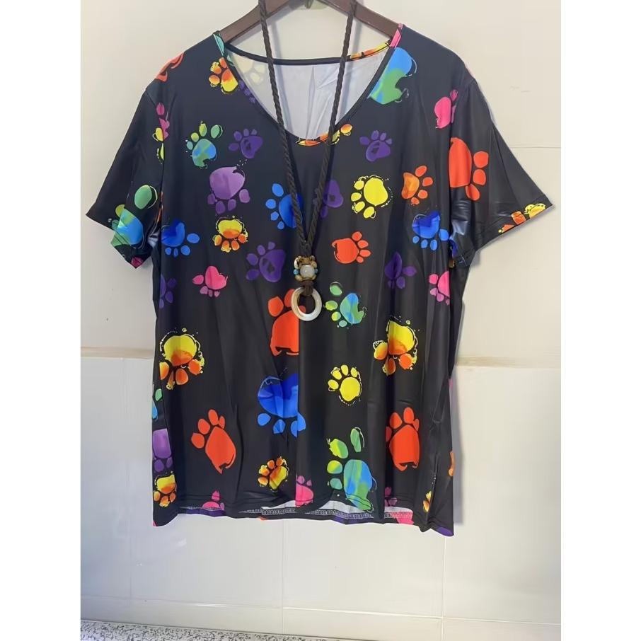 XL-7XL Damski T-shirt Plus Size z Gradientem, Casualowy, z Nadrukiem 3D, Luźny, z Dekoltem w Serek, z Krótkim Rękawem