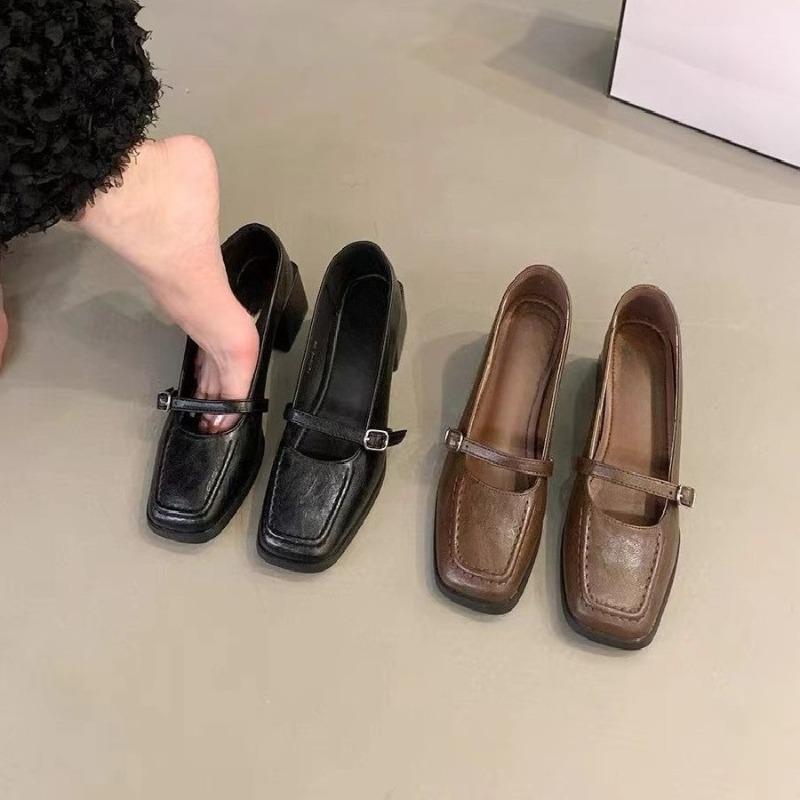 Fashion New High Heels for Fall Women's Square Toe Shallow Mouth One Strap Anti-slip Wear-resistant Block Heel Shoes
