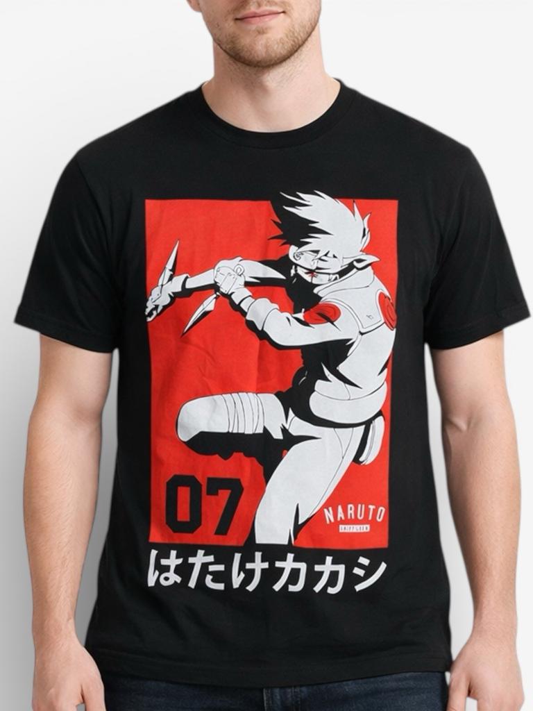 Naruto Shippuden T Shirt Mens M Black Kakashi Graphic Japanese Anime Red Tee