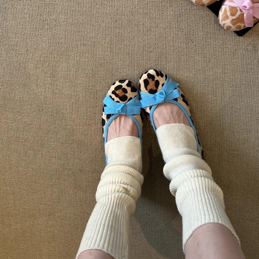 Soft Leather Version~ French Evening Breeze Bow Leopard Print Single Shoes Round Head Ballet Shoes One Pedal Shallow Mouth Flat Shoes Women