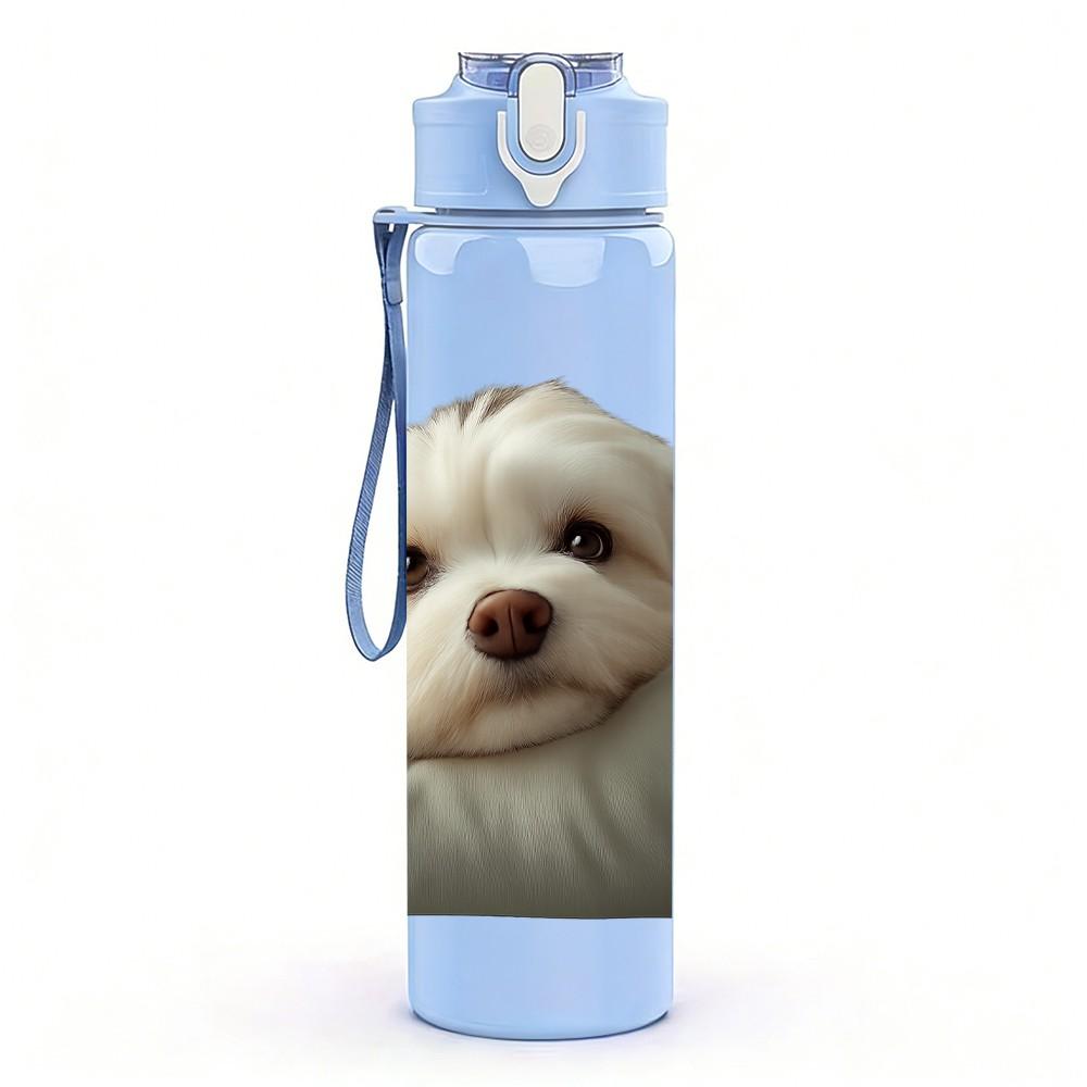 1PC White Puppy Lying On Pillow 750ml Color Plastic Sports Water Bottle Leakproof Flip Straw Lid Suitable for Sports Office Home Use