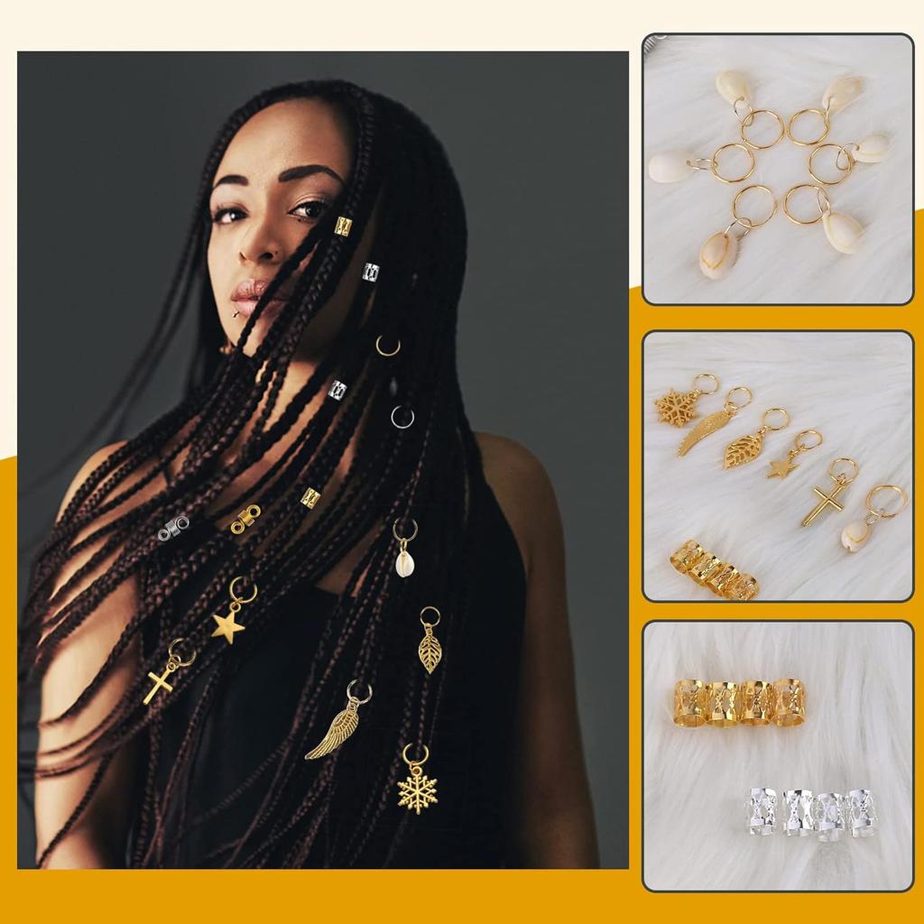 200PCS Hair Beads for Women Braids, Loc Jewelry for Hair, Dreadlocks Accessories, Metal Gold Silver Clips Cuffs Coils Shells Rings for Hair Braiding