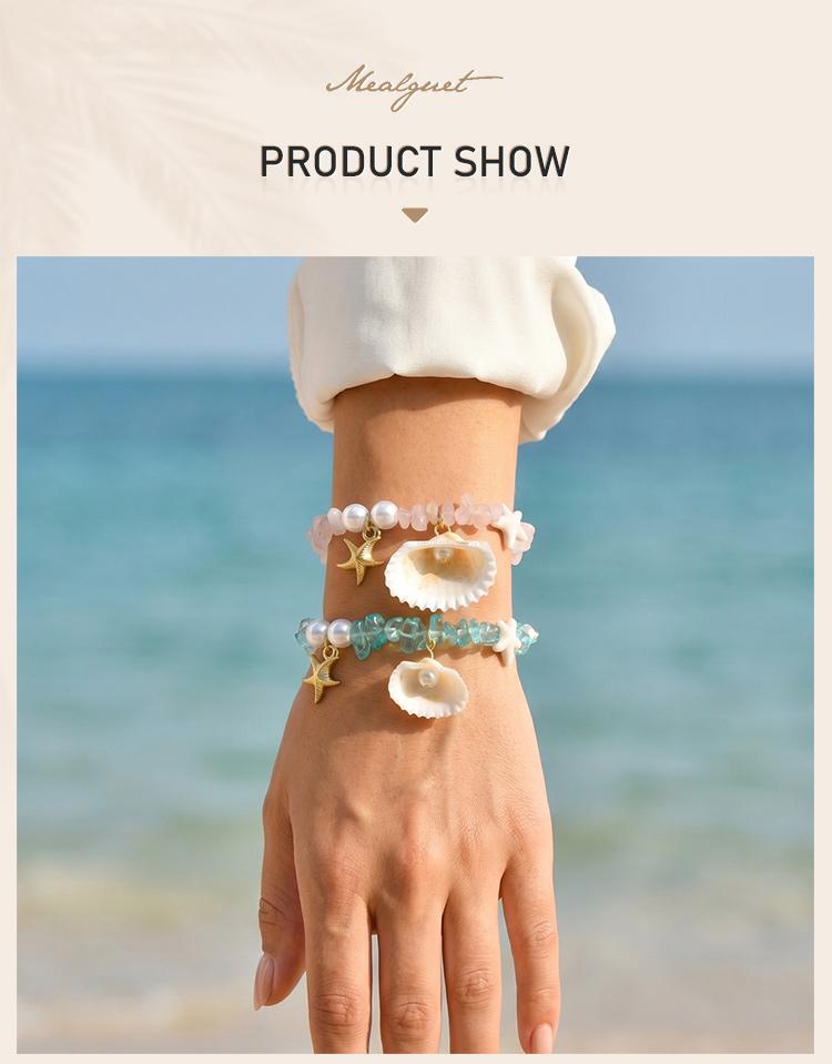 Starfish Shell Crushed Stones Pearl Beads Bracelet for Women, Gold Color Summer Beach Aesthetic Jewelry
