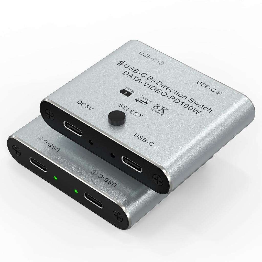 Bi Directional 8K USB C Switcher USB C Switch 2 in 1 Out / 1 in 2 Out - Type C KVM Switch Splitter for 8K@60Hz/4K@120Hz Video Transfer + 100W