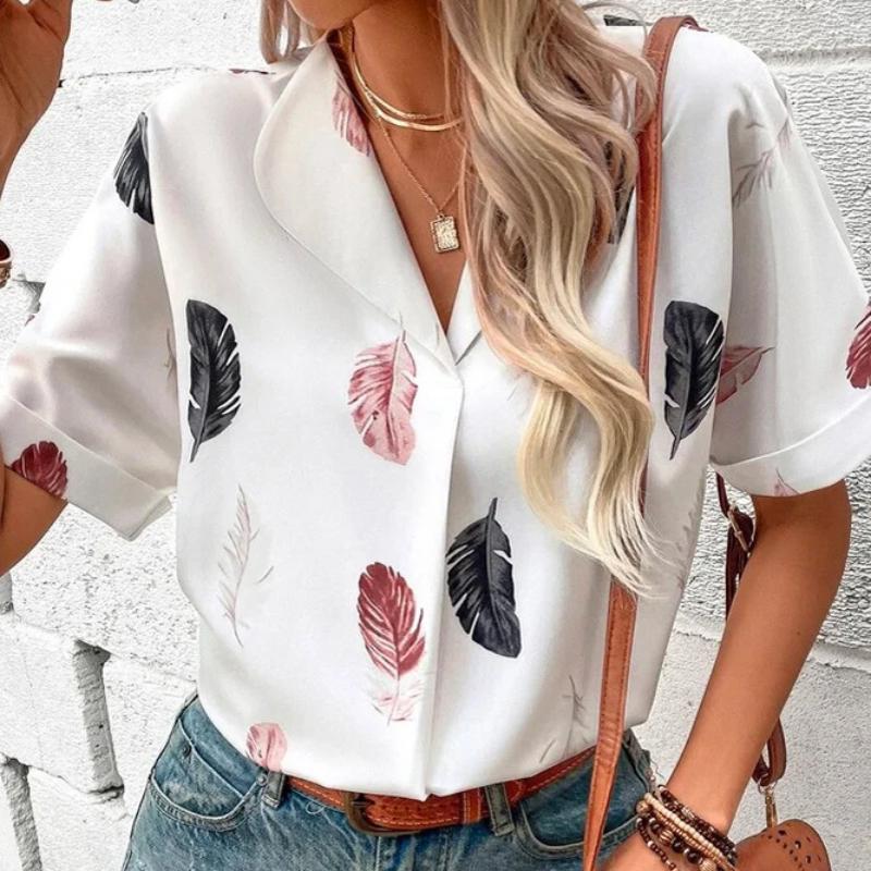 Women Casual Notched  Lapel Feather Print Short-sleeved Blouse Top