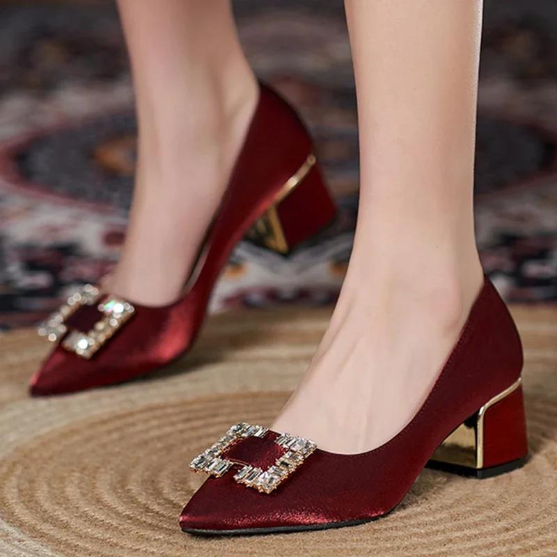 

Fashion Luxury Square Rhinestone Women s Wedding Shoes Spring Silk Pointed Toe Pumps Woman Party Dress Shoes Thick High Heels 40 вино красного