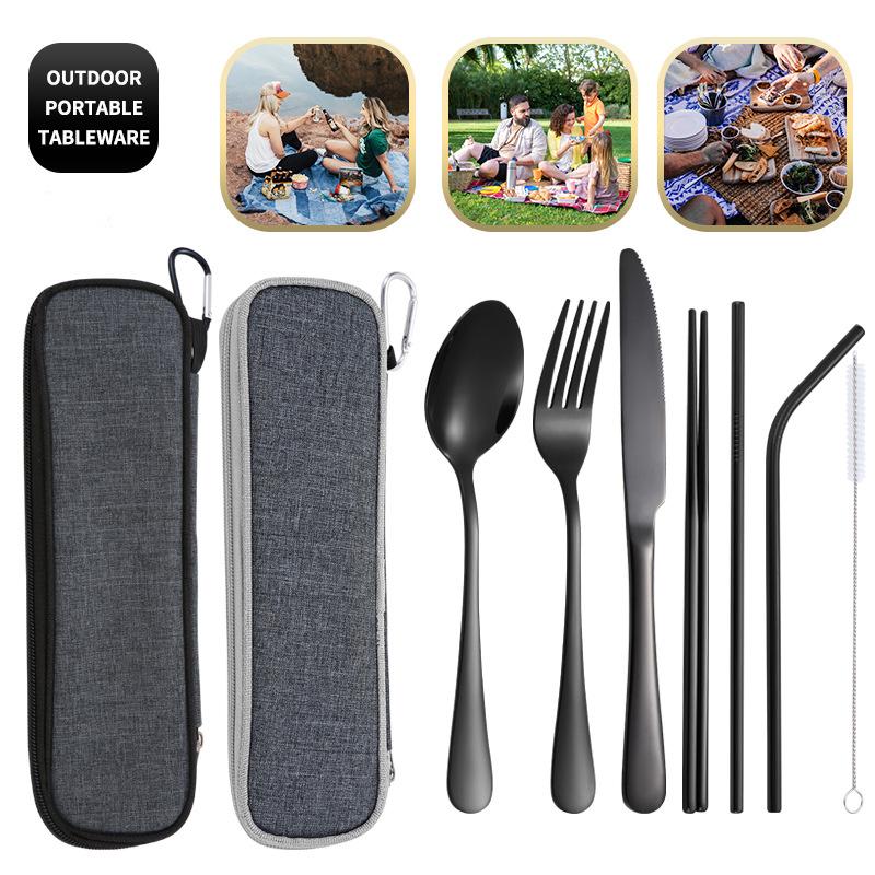 Stainless Steel Knife and Fork Spoon, Cleaning Brush, Chopsticks Set Out for Hotel Home Dinner, Smooth Integrated Forming, 7PCs