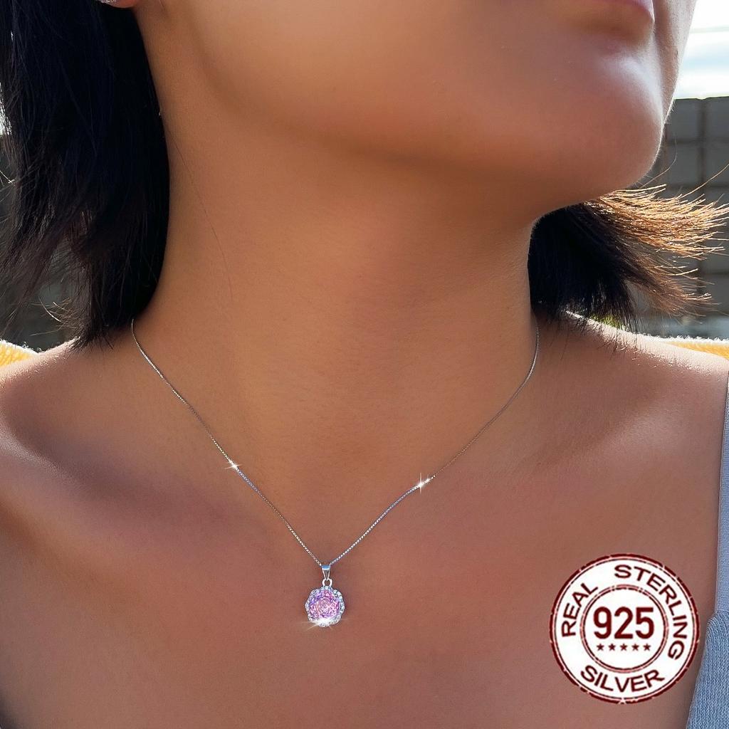 925 Sterling Silver Rose Flower Cut Pendant Necklace with Rhodium Plating Yellow Purple Pink CZ for Women's Romantic Party Wear