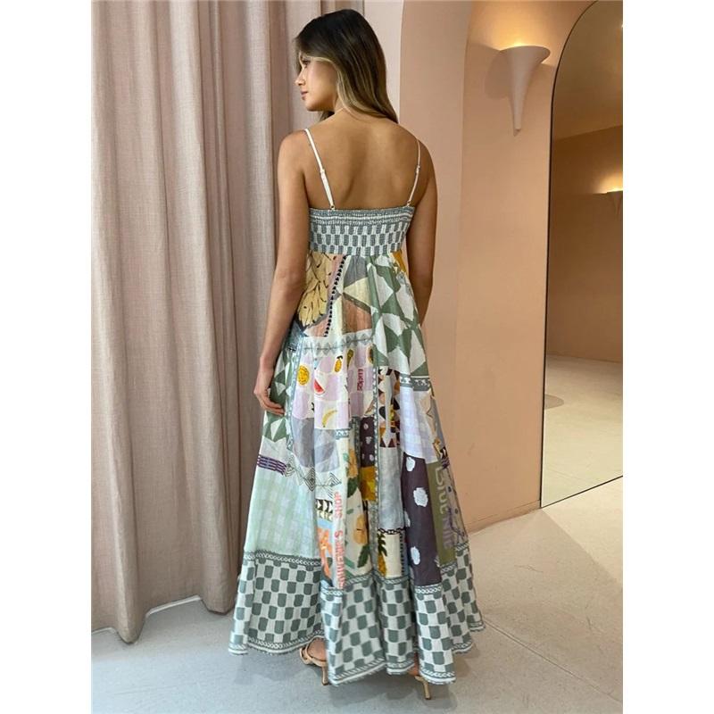 Women's Long Linen Printed Halter Dress 9 Colour Big Swing Dresses