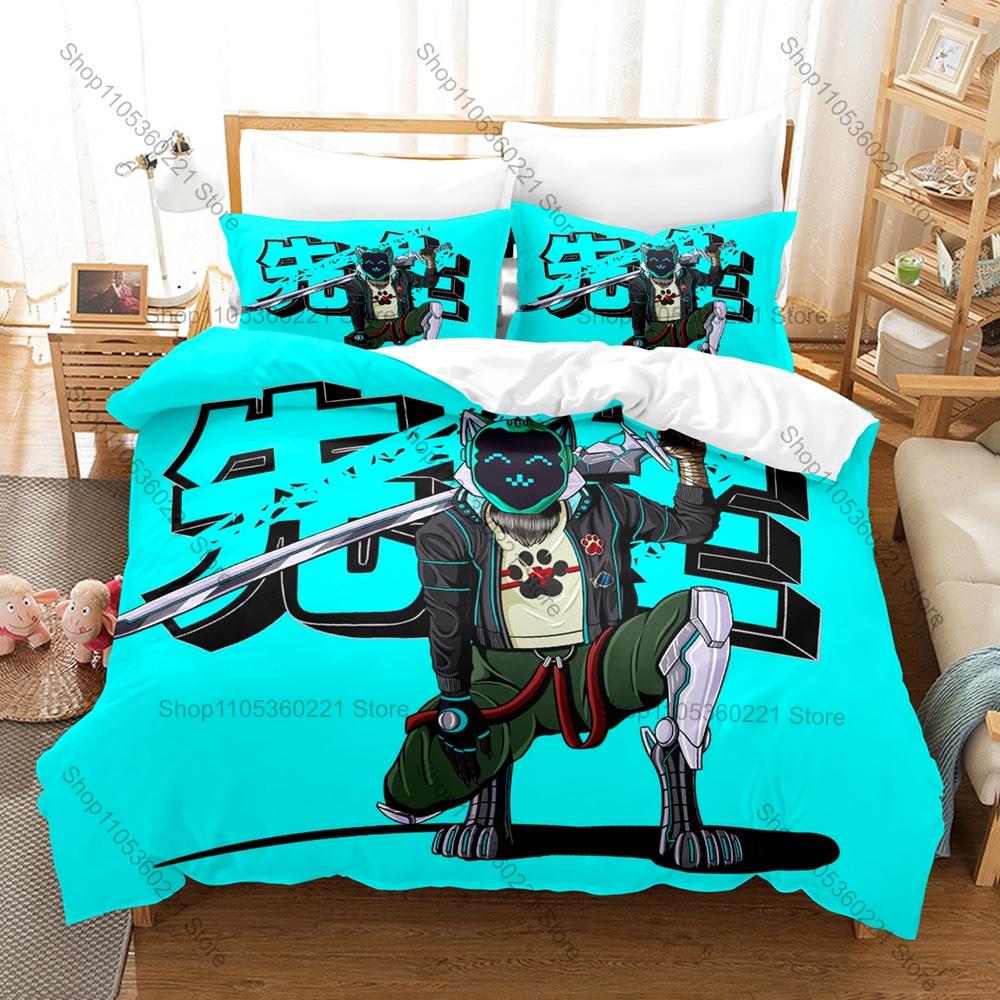 Samurai Cat 3PCS Bedding Set Cool Warrior Cat Print Soft Microfiber Duvet Cover Pillowcase Home Decor