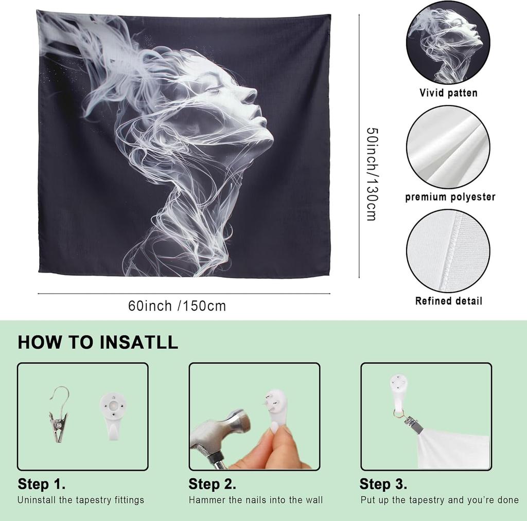 Abstract Smoke Face Tapestry For Living Room  Modern Fluid Line Art Wall Hanging, Black And White Silhouette Portrait Minimalist