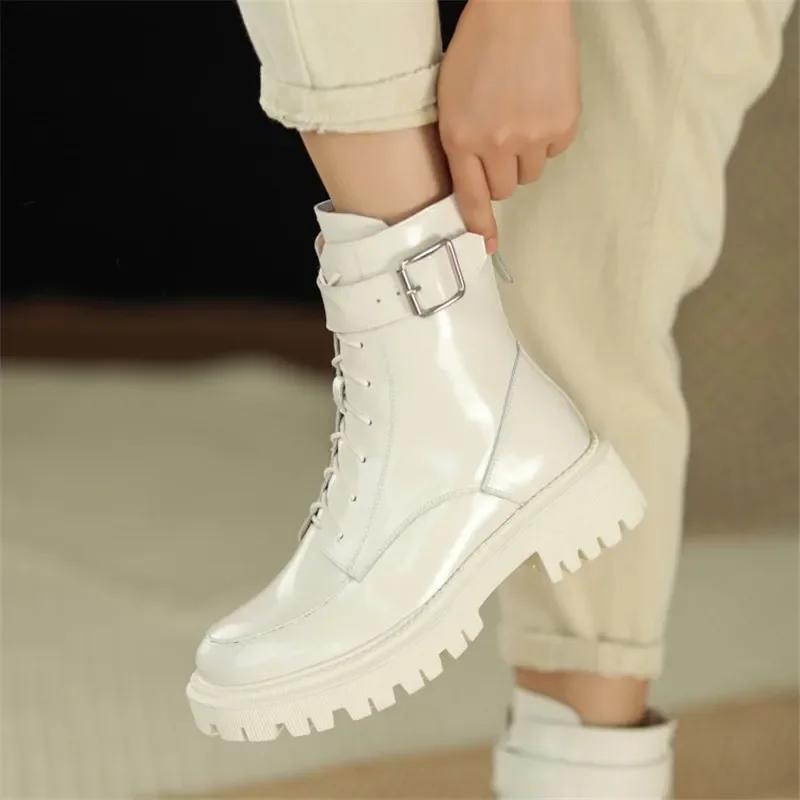 Fashion NEW Winter Women Boots Patent Leather Shoes for Women Round Toe Chunky Heel Shoes Wool Warm Snow Boots Platform Motorcycle Boots