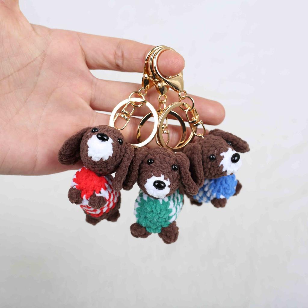 Funny Rainbow Puppy Keychain Handmaking Crochet Puppy Doll Keychain Knitted Dachshund Dog Keychain Custom Accessories
