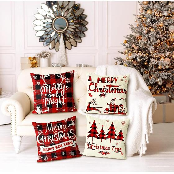 Christmas Pillow Covers 18x18 Set of 4 - Red Black Buffalo Check Plaid Decor - Indoor Outdoor Xmas Throw Pillow Cases for Sofa Couch