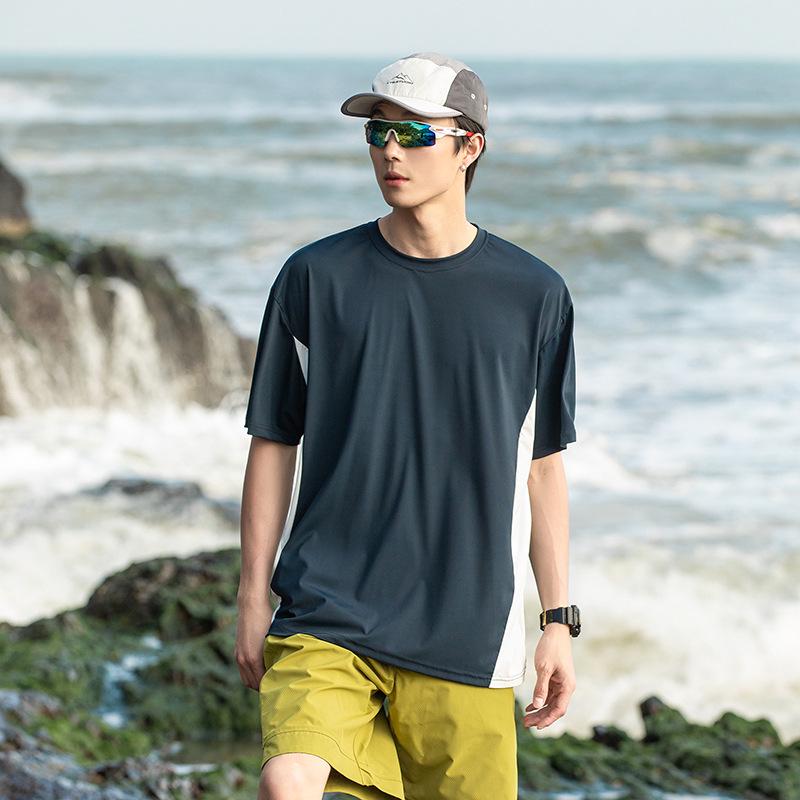

2025 Summer European Men s Breathable Crew Neck Spliced Short Sleeve T-shirt with Logo Option M