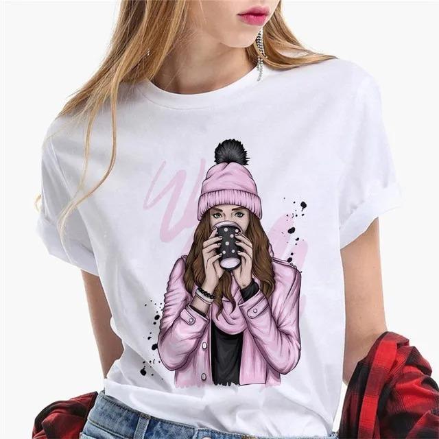 Damen T-Shirts Weibliches T-Shirt Cartoon Kleidung Kurzarm Lässig Reise Glückliche Zeit Süßes Hemd Mode Dame Grafik-T-Shirt Oberteil