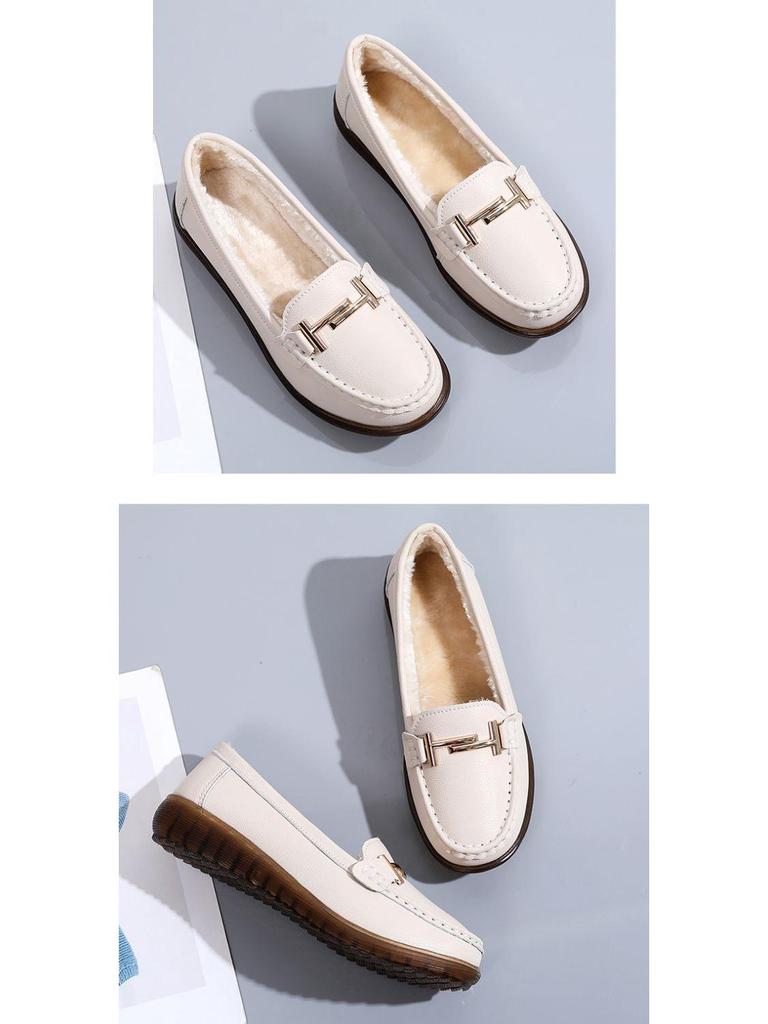 Women's Genuine Leather Slip-On Loafers: Velvet-Lined Warm Flat Shoes