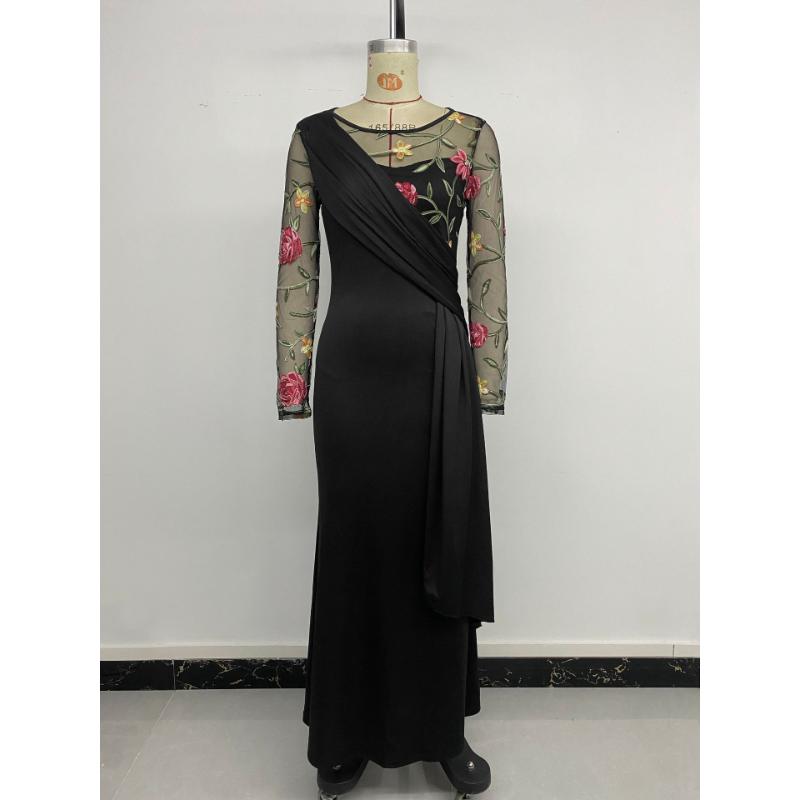 2025 Autumn New Retro Temperament Round Neck Mesh Embroidered Long-sleeved Dress for Women