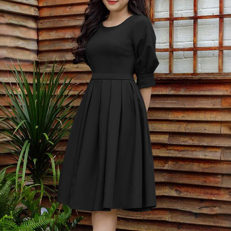 

ZANZEA Женское повседневное платье с круглым вырезом, однотонное, летнее, с коротким рукавом 3XL чёрный